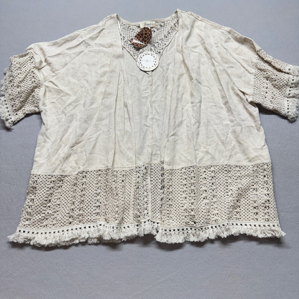 Umgee Plus Linen Blend Crochet Lace Fringe Kimono Cardigan Beige 1XL